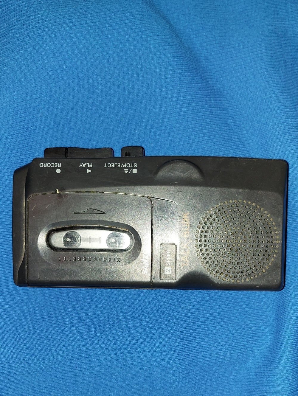 Portable Black Microcassette Recorder with Speaker and Simple Controls